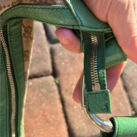 Vintage Gucci Shoulder Bag GG Pattern Bamboo 131036 Beige Brown Green Leather - Picture 13 of 16
